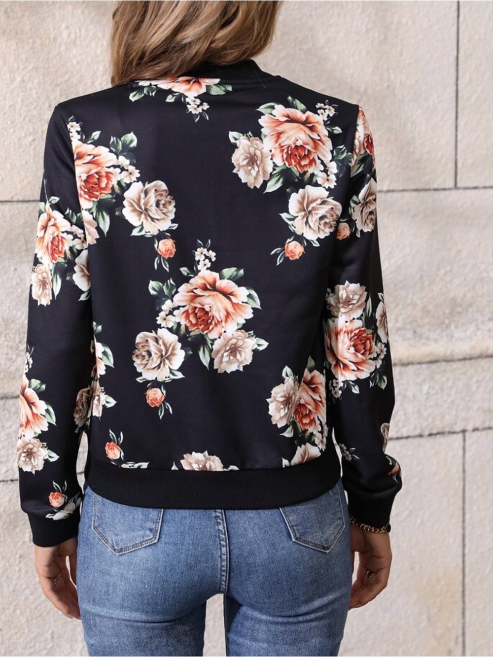 red floral print black zipper bomber jacket boho - Picture 2 of 4